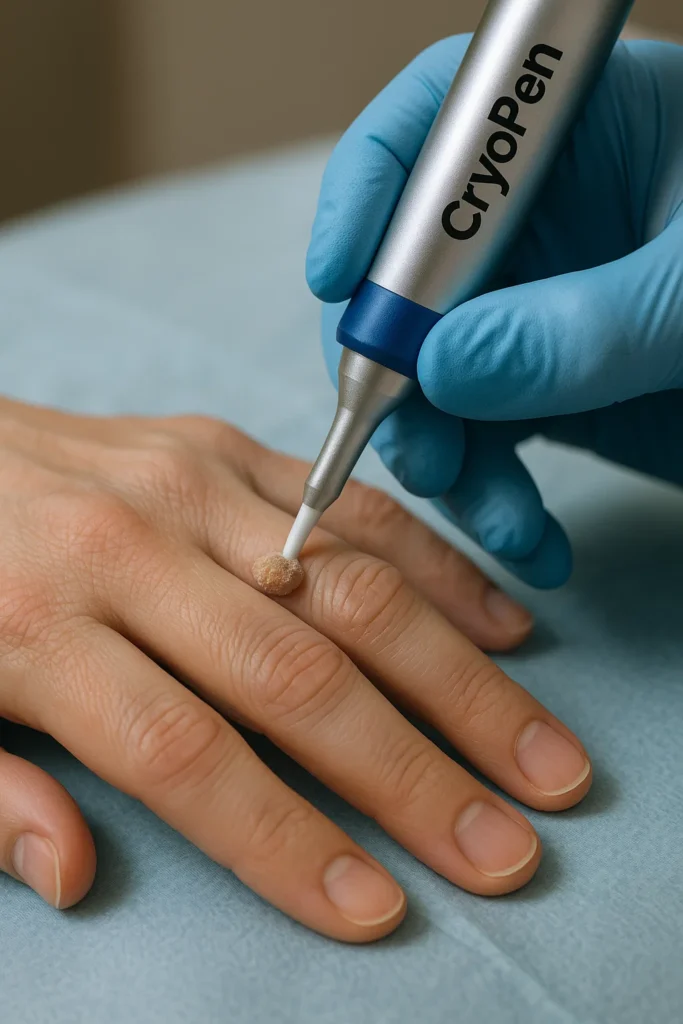 example of cryopen wart removal Lower Place treatment on a persons finger