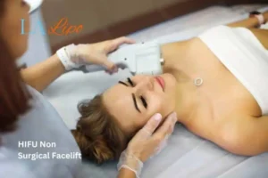 Woman having Hi-Fu to reduce wrinkles Lower Place.