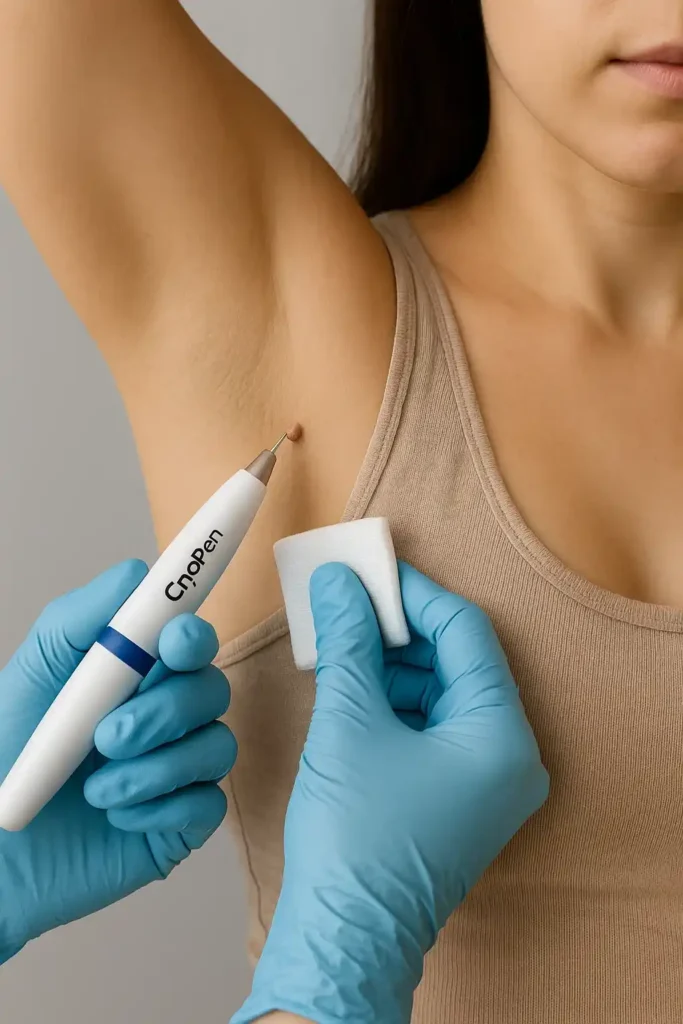 woman having cryopen to remove underarm skin tags Lower Place