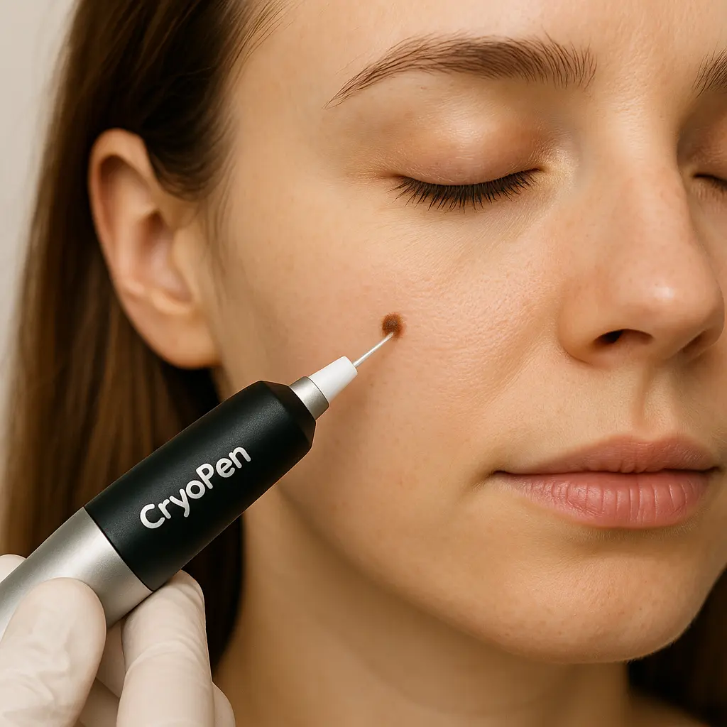 woman receiving facial mole removal Lower Place using cryopen